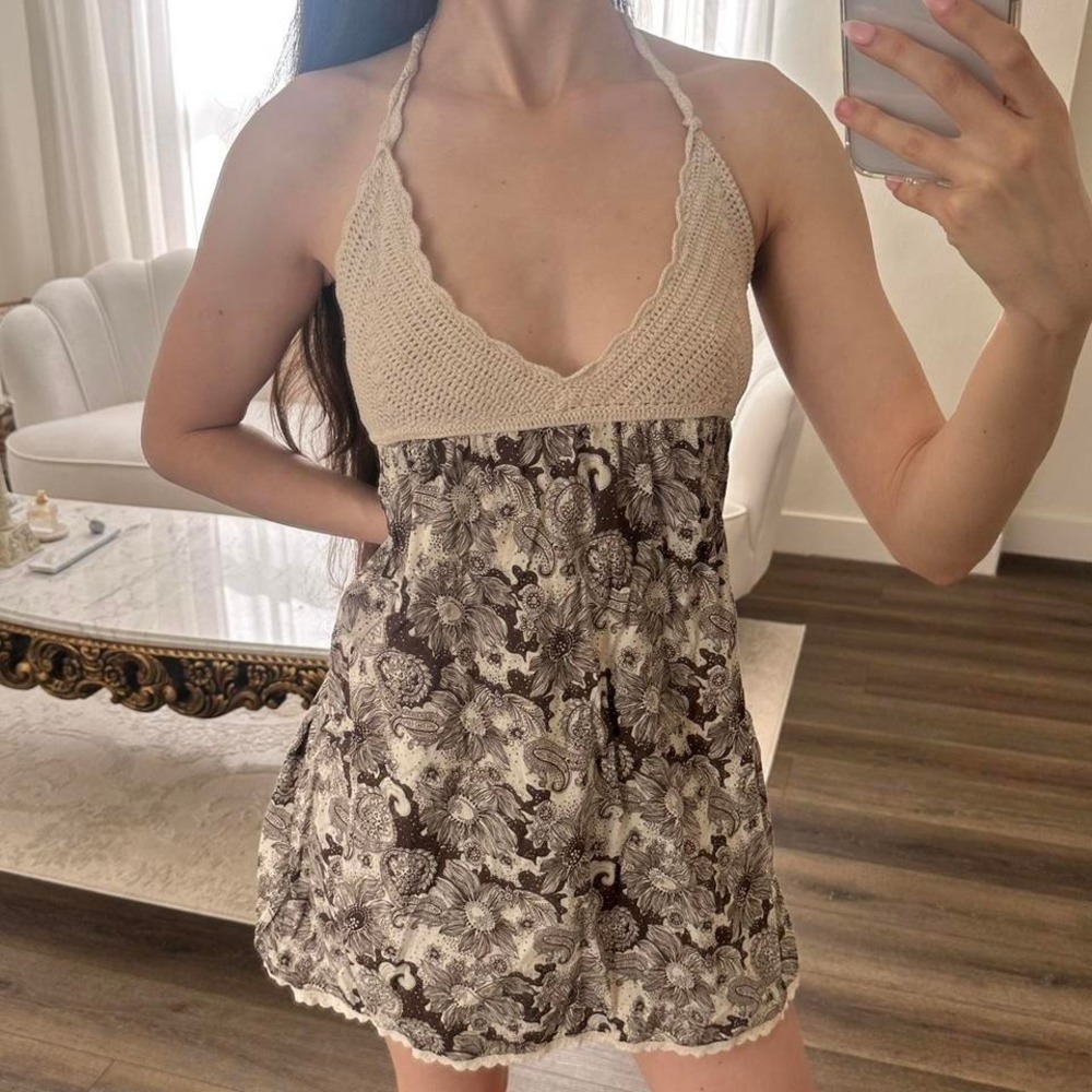 Vintage Flying Tomato S Brown Floral Crochet Halter Mini Dress